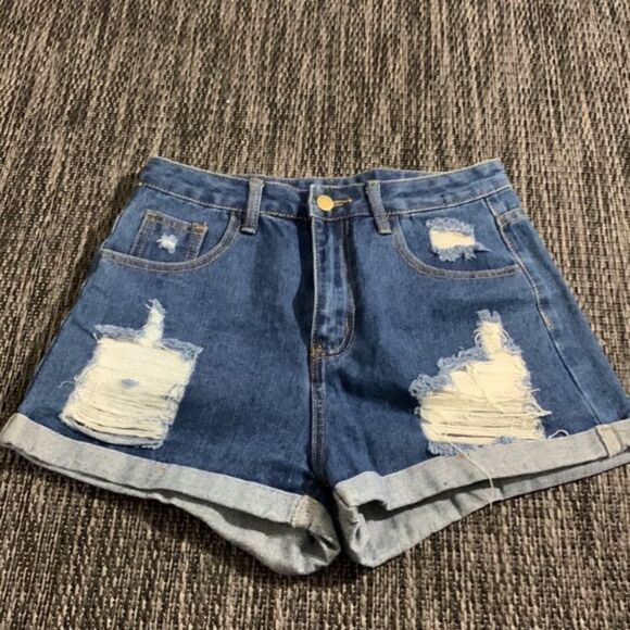 SHEIN High Waist Distressed Denim Shorts - Picture 1 of 3